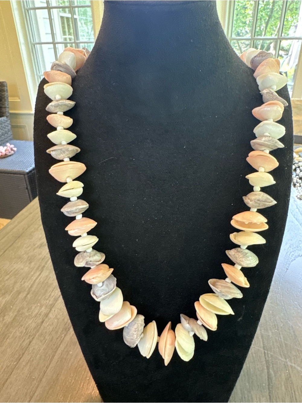 Natural Seashell Necklace Pink Gray White Shell Beaded Coastal Boho Jewelry